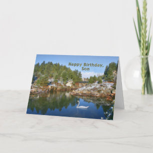 Anniversaire, fils, lac mountain, cygne, carte