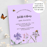 Anniversaire fleur sauvage violet rose budget invi<br><div class="desc">Un arrière - plan violet,  couleur lavande. Décoré d'abeilles et de fleurs sauvages peints dans le violet et le rose. Personnalisez et ajoutez un nom et des détails du parti. 1 feuille = 1 invite imprimé bord à bord.</div>