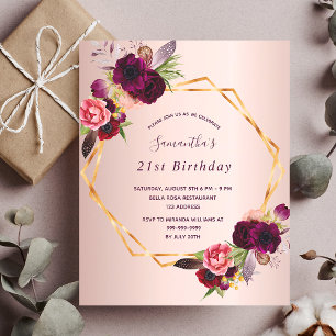 Anniversaire fleurons or rose bordeaux geo invitat