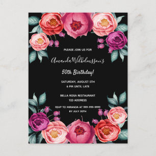 Anniversaire floral noir rose or rousse invitation