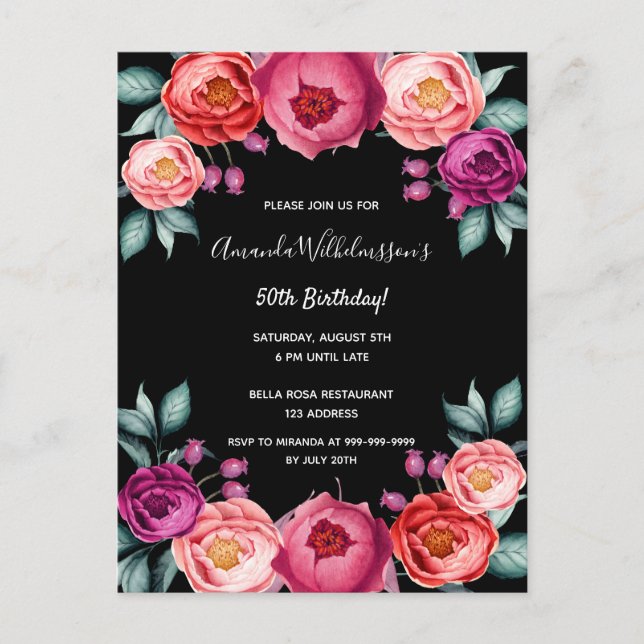Anniversaire floral noir rose or rousse invitation (Devant)