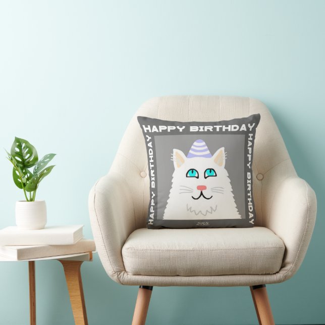 Anniversaire Fluffy Blanc Chat Carré Jeu Oreiller (Chaise)