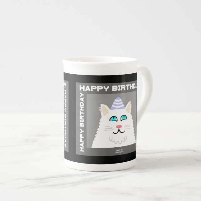 Anniversaire Fluffy White Chat Bone China Mug (Devant droit)