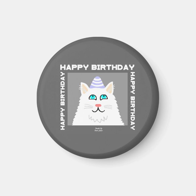 Anniversaire Fluffy White Chat Magnet rond (Devant)