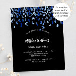 Anniversaire noir marine bleu budget invitation<br><div class="desc">Une invitation moderne,  élégante et raffinée. Un arrière - plan noir décoré de confettis bleus. Personnalisez et ajoutez un nom et des détails. Texte blanc. 1 feuille = 1 invite imprimé bord à bord.</div>