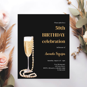 Anniversaire noir or bulle vin perles invitation