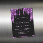 Anniversaire noir violet parties scintillant aiman<br><div class="desc">Une invitation à la fête d'anniversaire de 21e anniversaire, féminine et féminine (ou tout âge). Un arrière - plan noir chic. Décoré avec des gouttes de faux parties scintillant violet foncé, l'aspect de la peinture goutte à goutte. Personnalisez et ajoutez un nom et des détails du parti. Le nom est...</div>