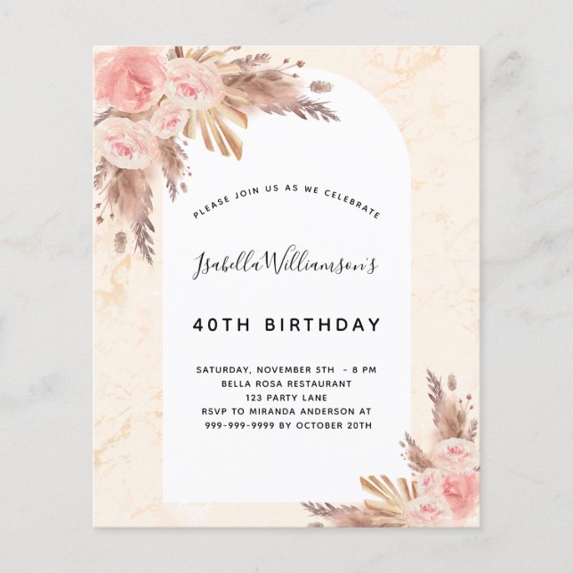 Anniversaire pampas herbe rose or rose invitation (Devant)