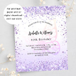 Anniversaire papillon violet invitation budgétaire<br><div class="desc">Pour une soirée élégante de 40ème anniversaire (ou tout âge). Un arrière - plan chic, blanc et violet. Décoré de parties scintillant violette, de mousseux et d'un grand papillon. Personnalisez et ajoutez un nom et des détails du parti. Le nom est écrit avec un script de style écrit à la...</div>