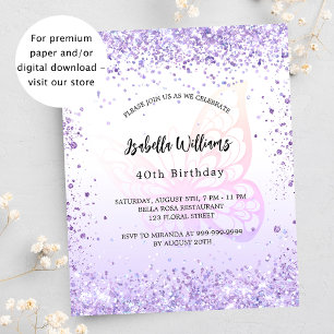 Anniversaire papillon violet invitation budgétaire