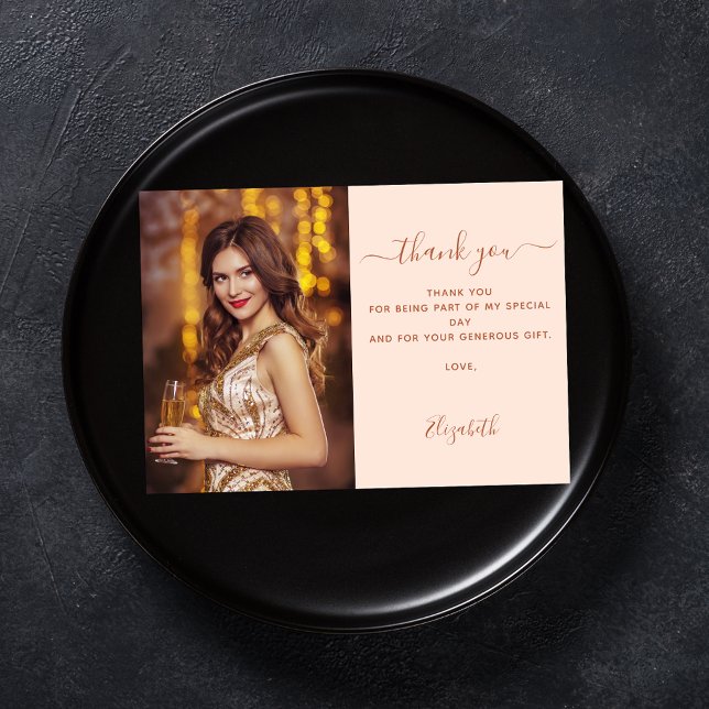 Anniversaire pêche rose or photo carte de remercie (Créateur téléchargé)