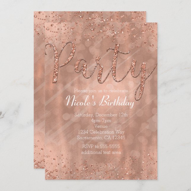 Anniversaire Pink Rose Gold Glamor Invitations (Devant / Derrière)