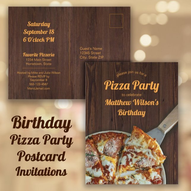 Anniversaire Pizza Party Rustic Wood Carte postale (Birthday Pizza Party Invitations for a child, teen, or adult birthday party.)