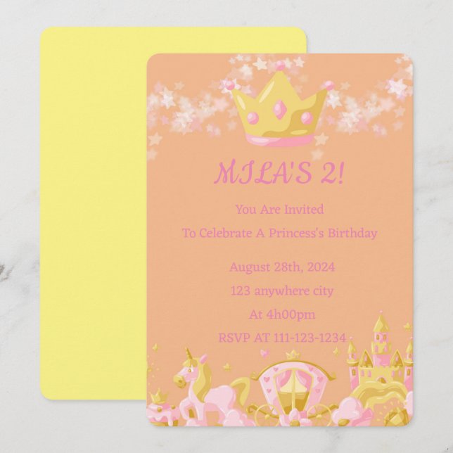 ANNIVERSAIRE PRINCESS INVITATION PEACH COULEUR (Devant / Derrière)