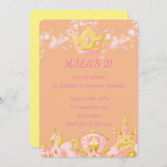 ANNIVERSAIRE PRINCESS INVITATION PEACH COULEUR (Devant / Derrière)