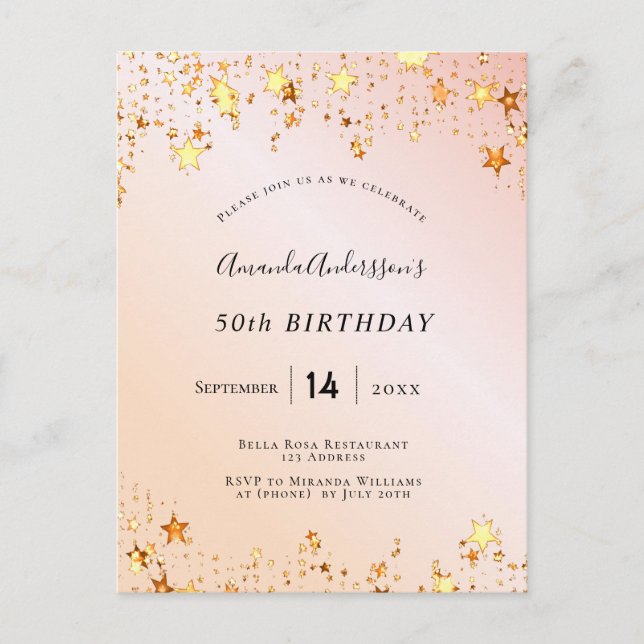 Anniversaire rose or blush rose étoiles invitation (Devant)