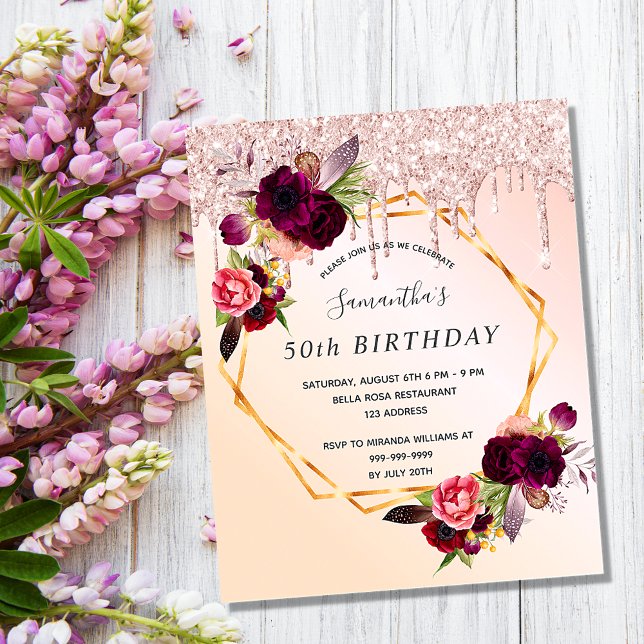 Anniversaire rose or floral bordeaux invitation (Créateur téléchargé)