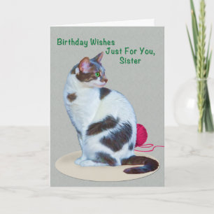 Anniversaire, Soeur, Carte de chat aux yeux verts