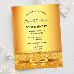 Anniversaire soirée or élégant arc invitation<br><div class="desc">Une invitation moderne, élégante et glamour pour une fête du 50e anniversaire de naissance ou de n'importe quel âge. Un arrière - plan à l'apparence métallique en faux or avec un élégant arc en faux or, ruban et étincelant. Le nom est écrit avec un script de style moderne en lettres...</div>