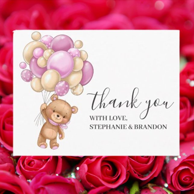 Anniversaire Teddy Bear PINK Ballons Cartes de rem (Express your heartfelt gratitude with our Birthday Teddy Bear PINK Balloons Thank You Card)