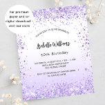 Anniversaire violet lavande invitation budget<br><div class="desc">Pour une soirée élégante de 40ème anniversaire (ou tout âge). Un arrière - plan chic, blanc et violet. Décoré de parties scintillant violette, pétillant. Personnalisez et ajoutez un nom et des détails du parti. Le nom est écrit avec un script de style écrit à la main. 1 feuille = 1...</div>