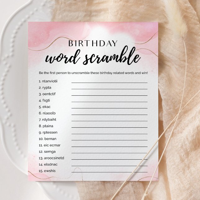 Anniversaire Word Scramble Rose Gold Party Carte d (Créateur téléchargé)