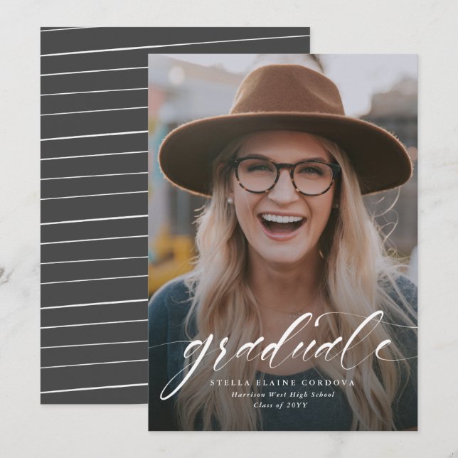 Annonce de diplômé simple script gris une photo (Devant / Derrière)