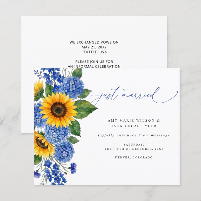 Annonce de mariage Fleurs de tournesol bleu royal  (Devant / Derrière)