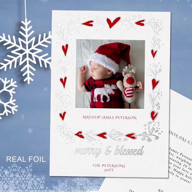 Annonce de naissance bébé pour les Fêtes de fin d' (merry blessed holiday baby photo announcement card foil botanical frame hearts sweet cute adorable)
