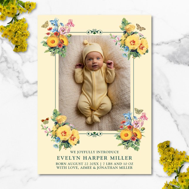Annonce de naissance Fleurs Vintage Carte Jaune (Vintage floral birth announcement card)