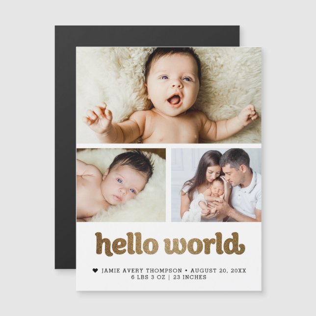 Annonce de naissance texte Or Hello World Photo  (Devant / Derrière)