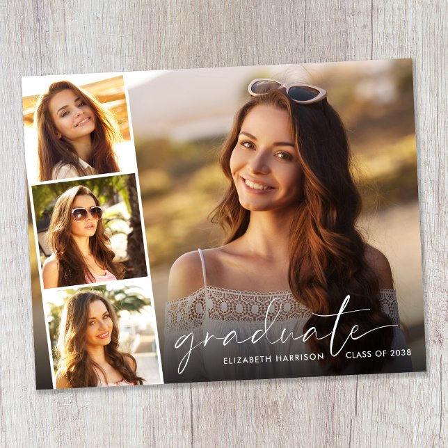 Annonce de remise de diplôme avec photo en écritur (Budget White Script Photo Graduation Announcement)
