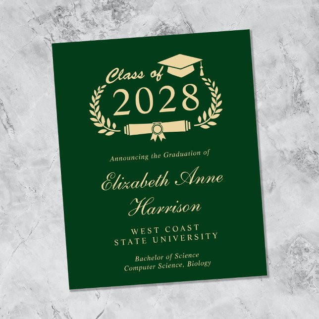 Annonce de remise de diplôme universitaire verte e (Créateur téléchargé)