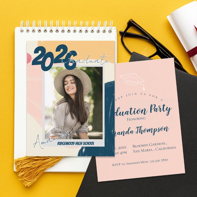 Annonce et invitation à la fête de remise des dipl (2026 Photo Graduation Party Invitation | Modern Pastel Graduate Announcement)