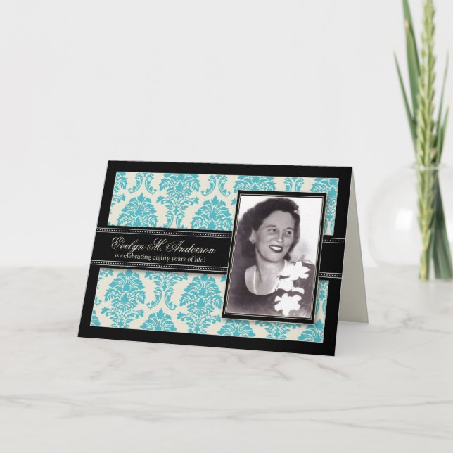 Ans d'or Damask Birthday CARD Invitation (aqua) (Devant)