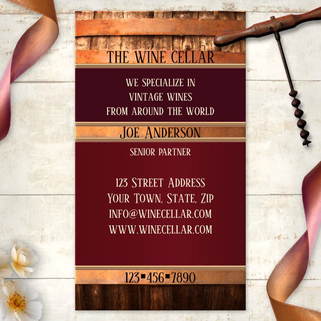 Antique Barrel Rustique Vin Carte de visite (Business card featuring a rustic wine barrel with stylized rose gold - winery - vineyard - sommelier)