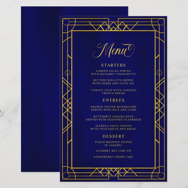Antique cadre géométrique or Royal Blue Menu (Devant / Derrière)