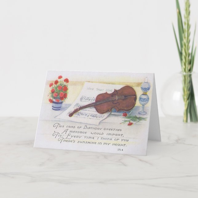 Antique carte d'anniversaire avec violon et musiqu (Devant)