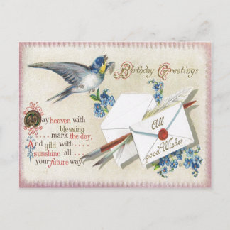 Antique carte postale Anniversaire - Fleurs bleues