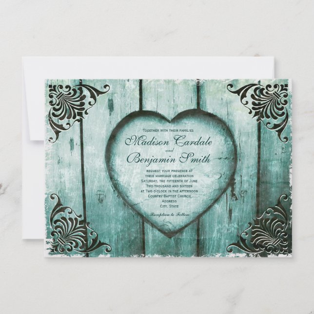 Antique Look Aqua Heart sur Faire-part de mariage  (Devant)