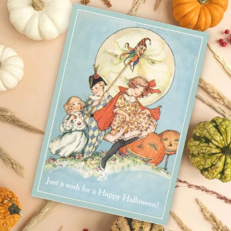 Antique Lune & Enfants Masqués Carte Vintage Hallo