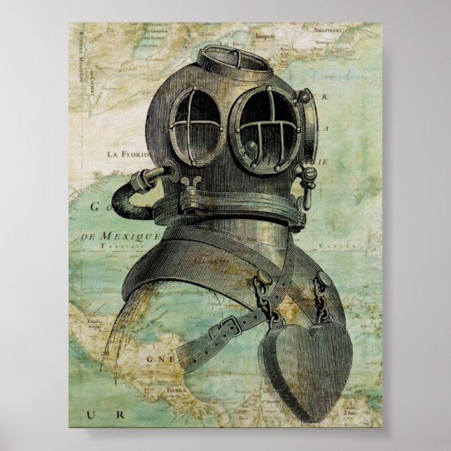 Antique Nautical Map & Dive Helmet Poster (Devant)