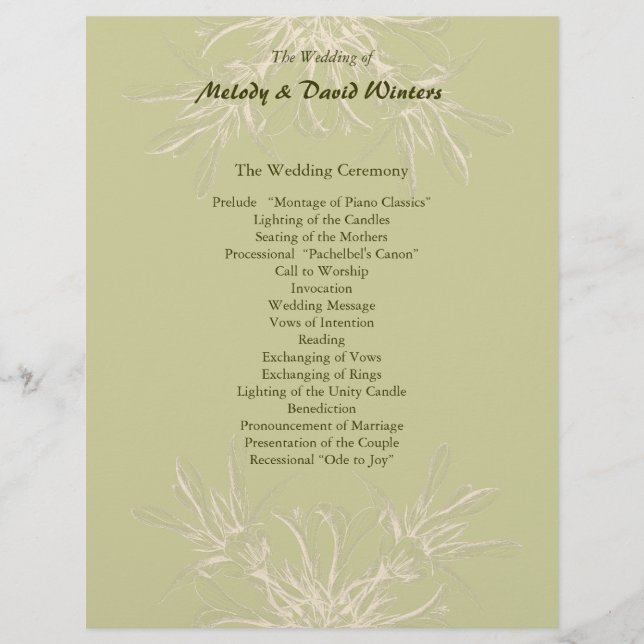 Antique Olive Floral Wedding Programme (Devant)