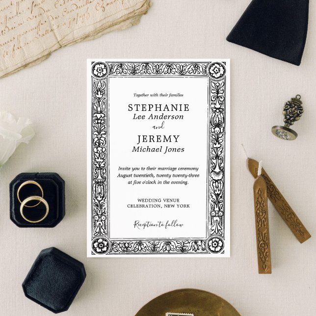 Antique Ornate Black and White Border Invitation (Créateur téléchargé)