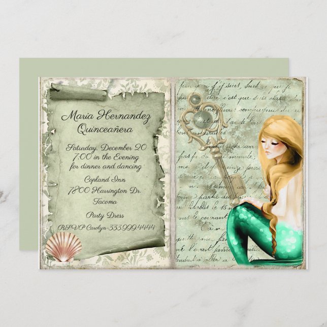 Antique papier Mermaid Quinceañera Invitation (Devant / Derrière)