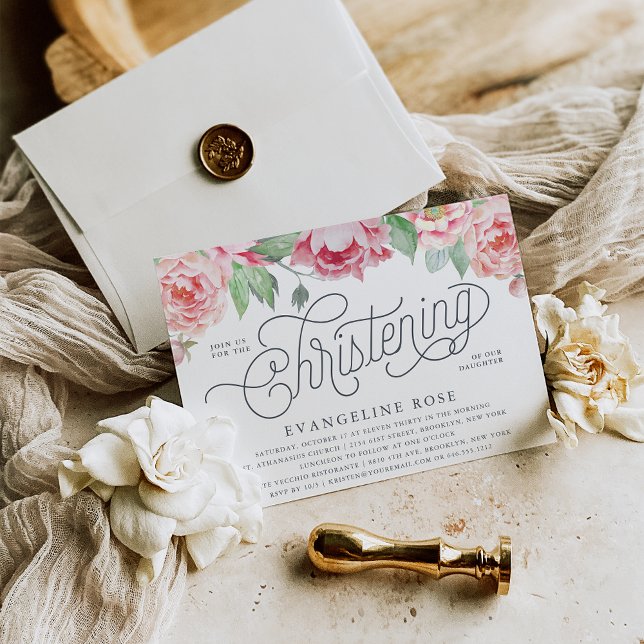 Antique Peony Christening Invitation (Créateur téléchargé)
