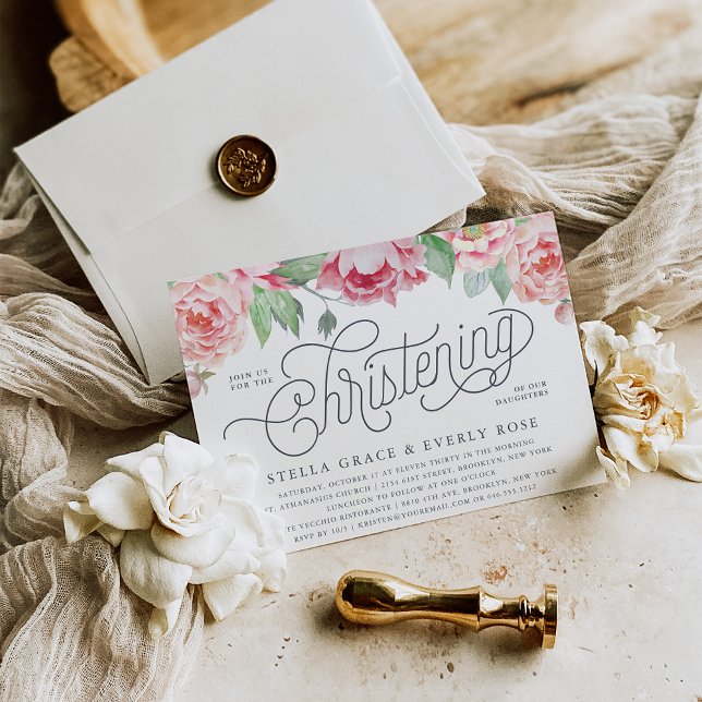 Antique Peony Twins Christening Invitations (Créateur téléchargé)