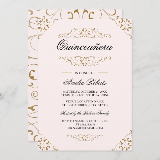 Antique Pink Or Flourish Quinceanera Invitation (Devant / Derrière)