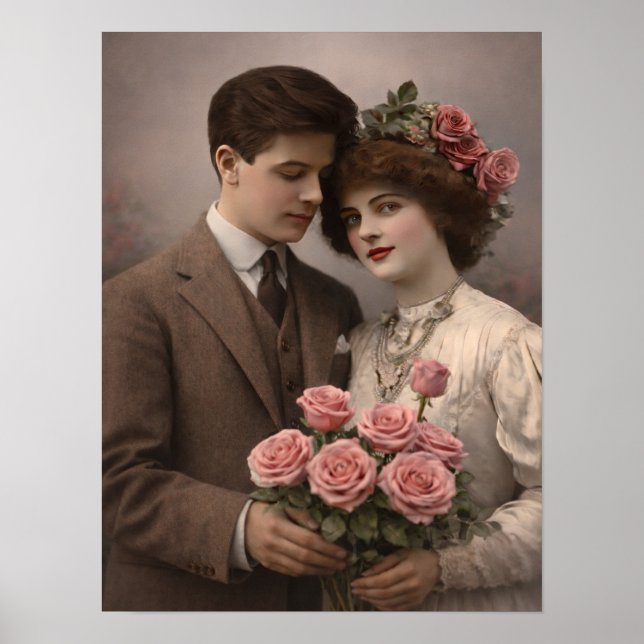Antique Romantic Couple with Roses Poster (Devant)