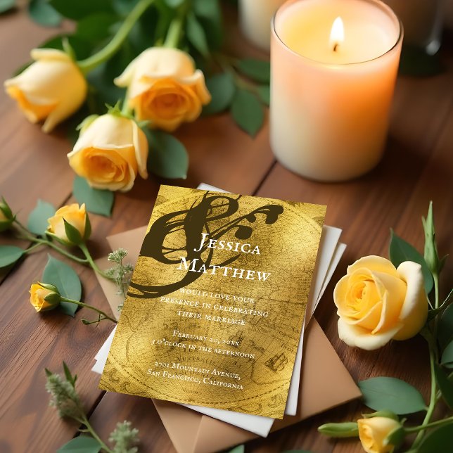 Antique Rustic Gold Map Faire-part de mariage (Antique Rustic Gold Map Wedding Invitation)